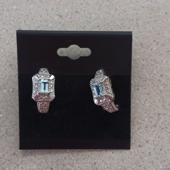 Silver Tone Aquamarine Crystal Earrings - Picture 4 of 5